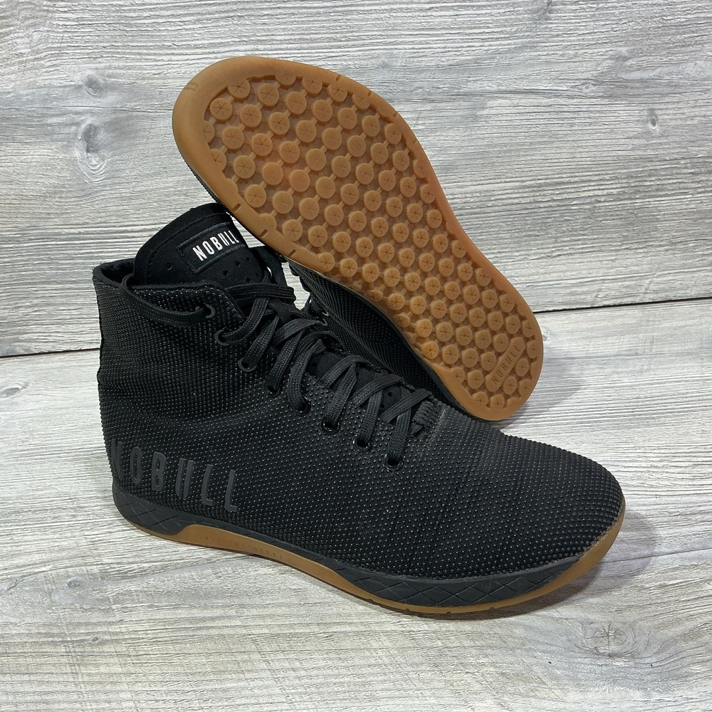 NoBull Superfabric Men's 9.5 Women's 11 High Top Trainer Black Gum Bottom Shoes